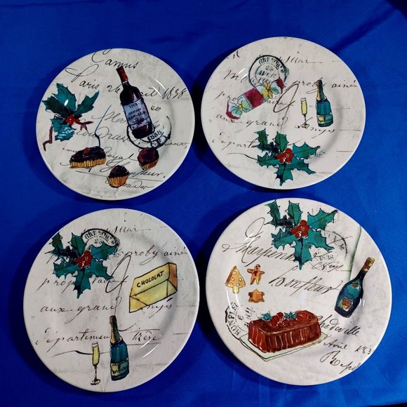 4 Williams Sonoma Portugal Pottery Christmas in Paris Salad Dessert Plates Set - Picture 1 of 10
